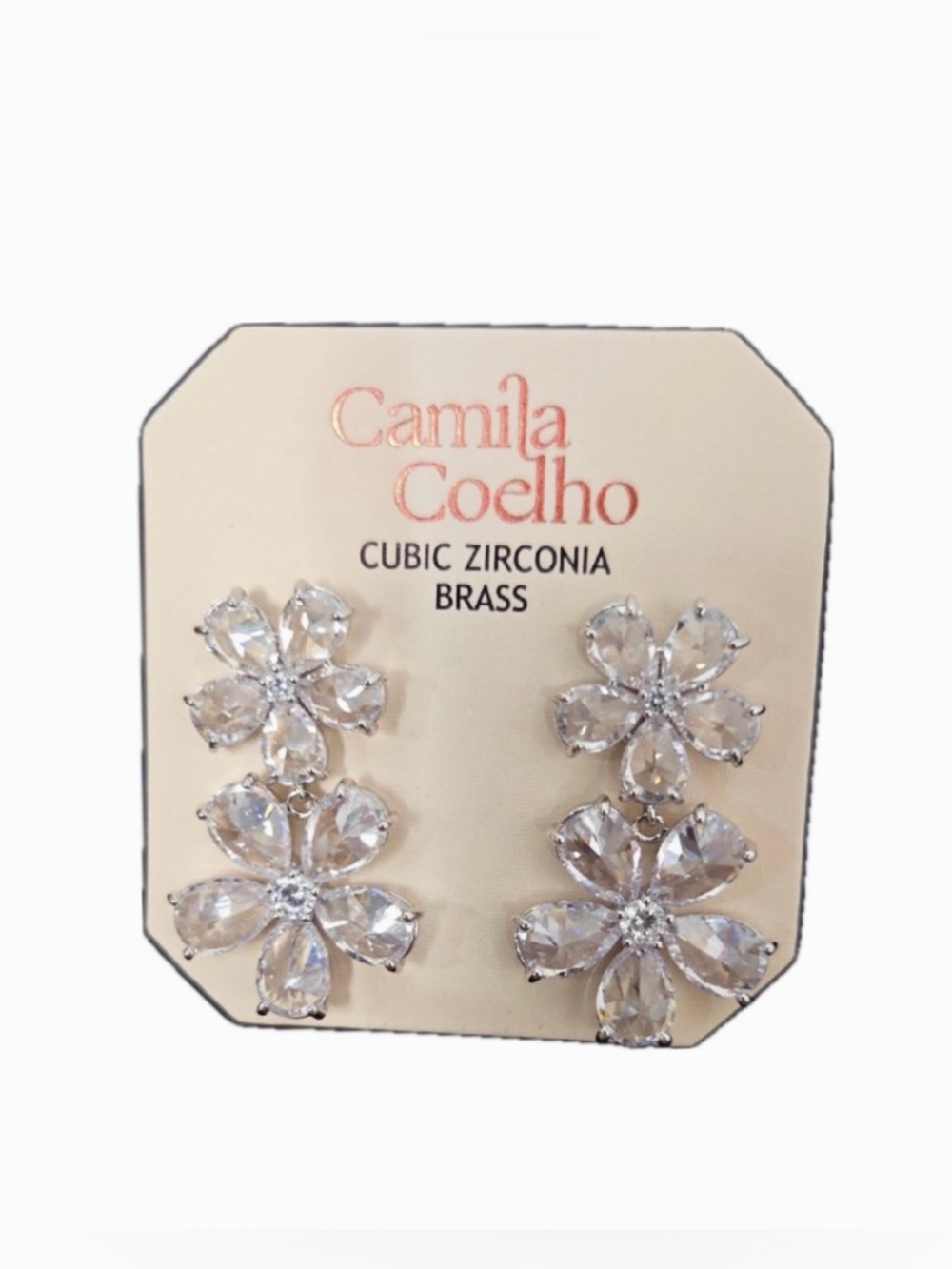 NWT ⚜️💎⚜️ Camila Coelho Clear Crystal Cubic Zirconia Brass Flower Drop Earrings